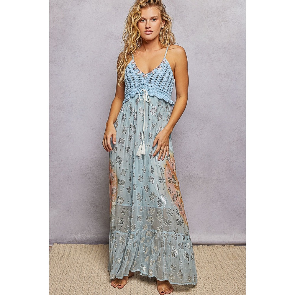 POL Boho Crochet Top Maxi Dress Blue  Floral Embroidery Tassel V-Neck Long L